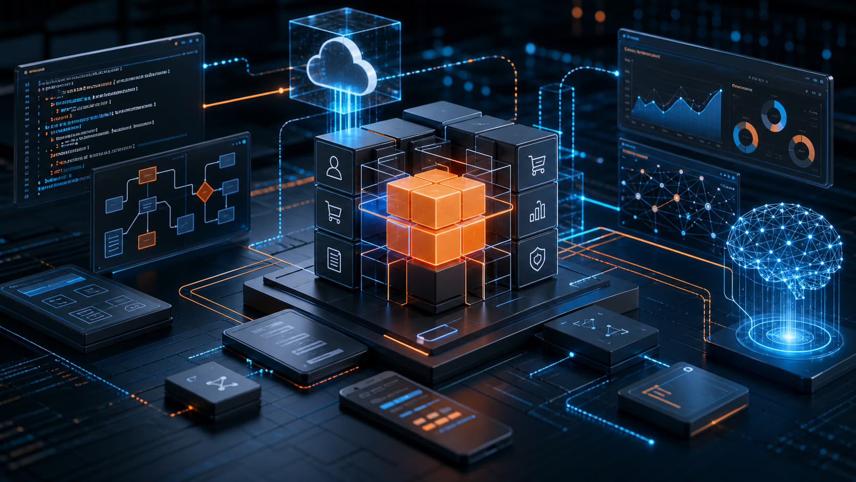 Custom software platform modules connected with AI-assisted workflow logic