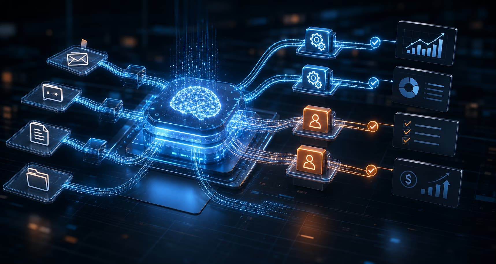 AI automation engine routing enterprise workflows through intelligent decision paths