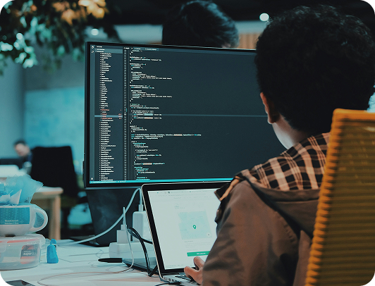 Engineer working with application code during a technology consultation